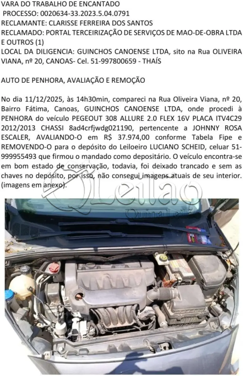 LOTE 001 - PEUGEOT 308 ALLURE 2.0 FLEX 16V – 2012/2013
